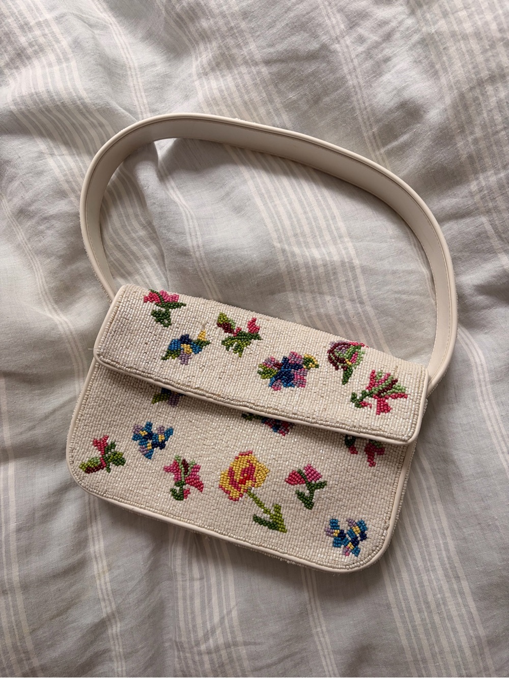 Staud Beaded Cream Floral Shoulder Bag